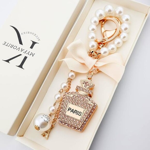 Accessories - Crystal Bag Charm - Paris Perfume Bottle Pearl Keychain